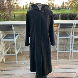 Vintage 90s Wool Cashmere Faux Fur Lined Hood Long Maxi Coat Overcoat